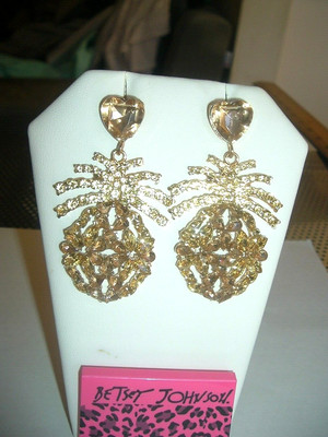 Yellow Crystal Pineapple + Heart Shape Posts Betsey Johnson Pierced Earrings-NWT