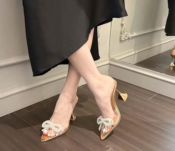 PANTOFOLA D’ORO Sandalo donna moda estate punta aperta perle PVC sexy festa tacchi alti