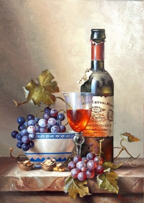 Still Life Grape Bottle of Red Wine Painting Oil Canvas Handmade 30x42 cm