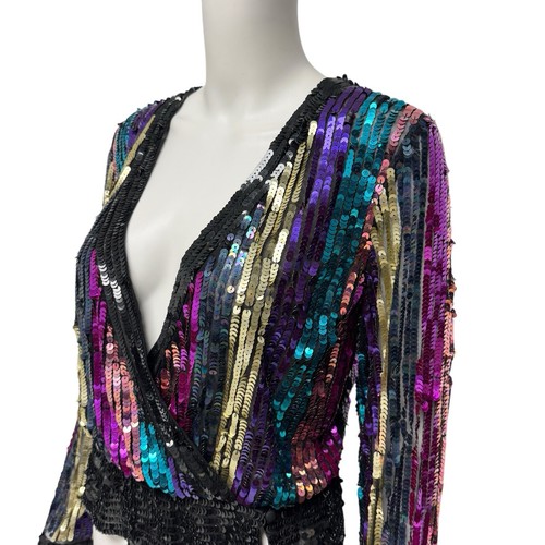 Asos women's sequin v neck top long sleeve multicolor open back size 6 - Picture 3 of 10