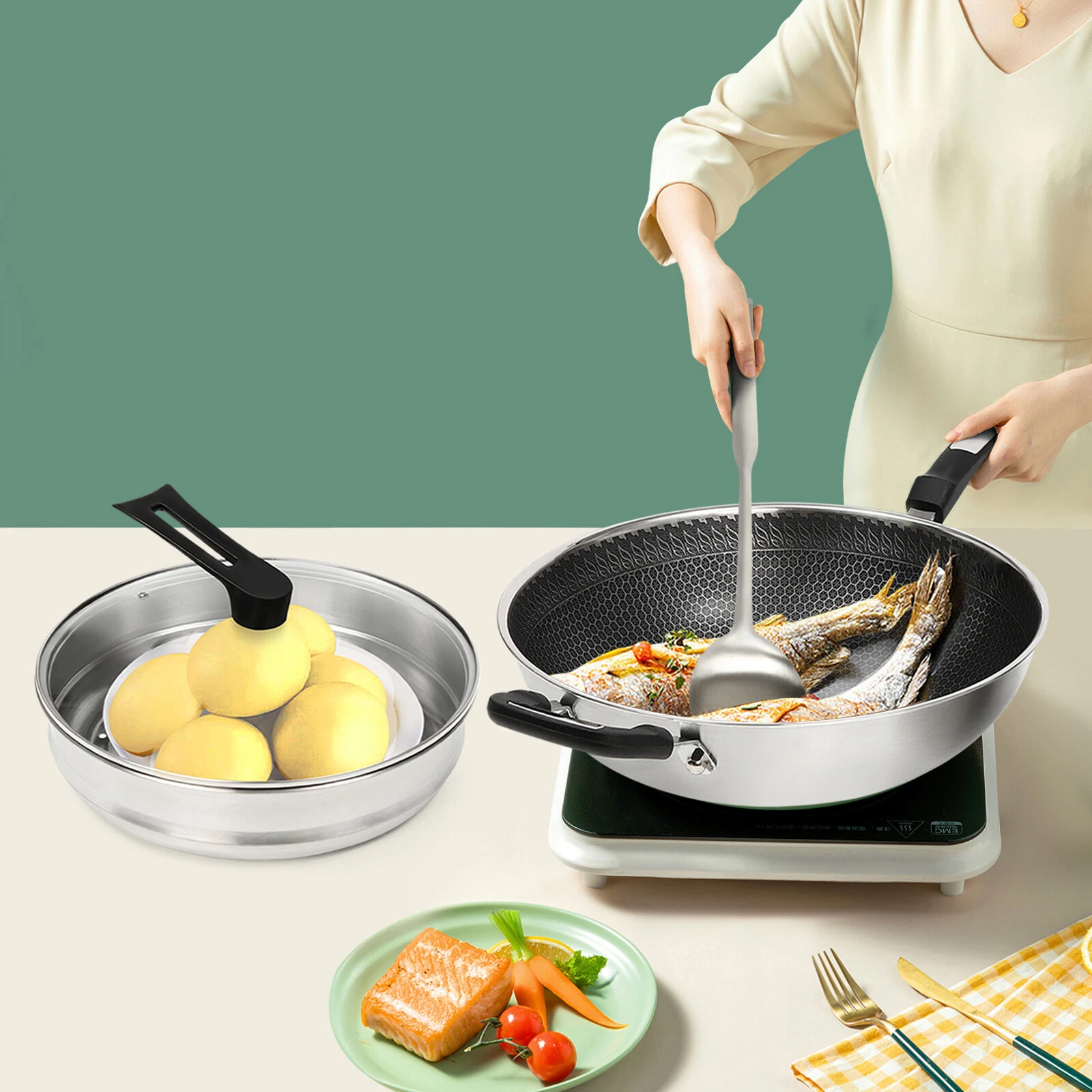 Nonstick Cooking Honeycomb Wok Pan w/Lid Steamer Pot Gas Cooktop Stainless Steel