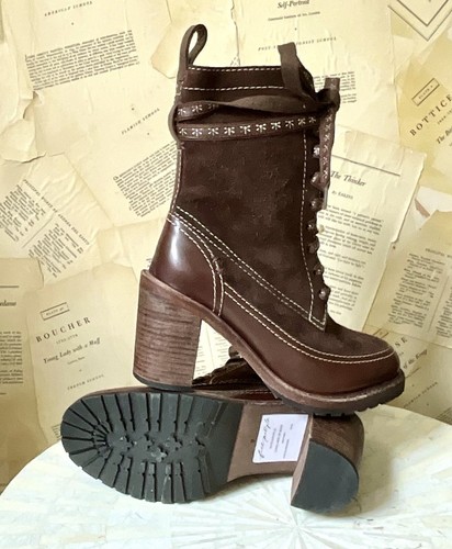 Free People Lana Bota con Cordones Cuero Chocolate Gamuza Tacón Bloque Muestra 39/9 NUEVA - Imagen 6 de 6