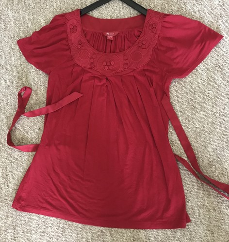 Ladies short sleeve top with belt, Monsoon, size 10, red, embroidered neckline