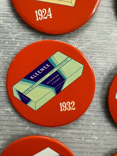 vintage KLEENEX TISSUES 1924-1968 Advertising 3” PINBACK BUTTON SET/8 - Picture 4 of 16