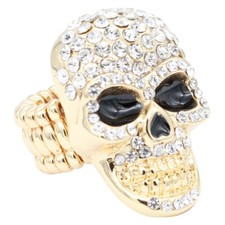 Lavencious Skull Shape Rhinestone Stretch Ring Rhodium Plated with Clear Crystal