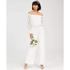 Adrianna Papell Women 6 Ivory White Lace Crepe Off The Shoulder Jumpsuit NWDBV56