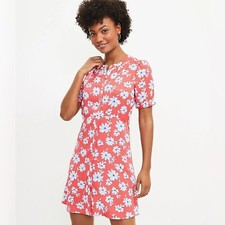 LOFT Floral Flare Retro Shirt Dress Coral Red Blue White Size 8 NWOT