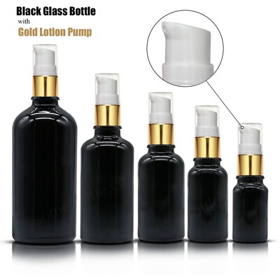 SCHWARZE GLASFLASCHE mit GOLD ALUMINIUM LOTIONSPUMPE für Seren Cremes Desinfektionsmittel