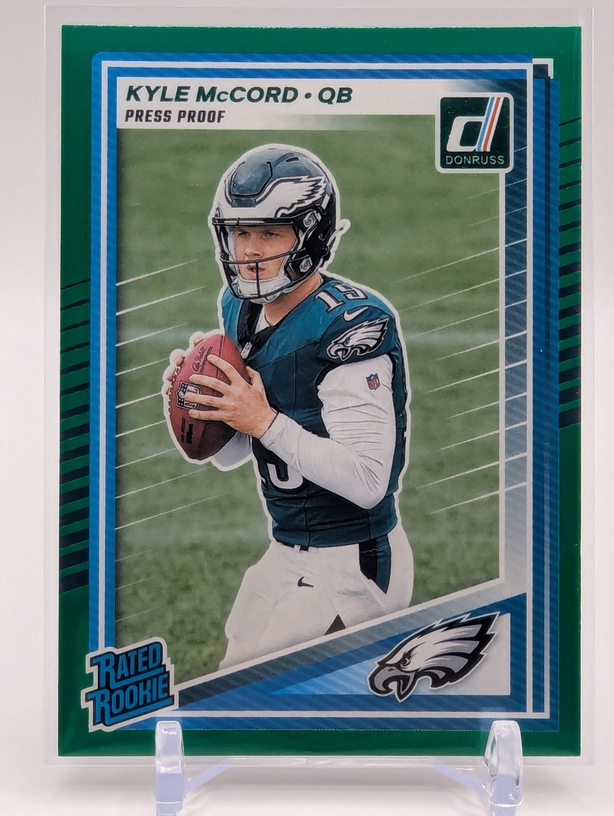 2025 Donruss Kyle McCord Rated Rookie Green Press Proof RC #325 Eagles
