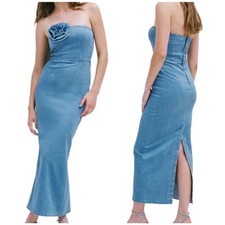 NWT Torn by Ronny Kobo Renee Strapless Denim Midi Dress Blue Size Medium