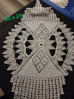 Handmade Crochet Table Runner Silver Metallic Thread 60 X 24