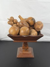 Vintage Carved Walnut Wood Fruit in Turned Pedestal Bowl Center Piece