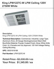 King PAW LPW1227 Wall/Ceiling Heater (120 Volt/2750 Watt)
