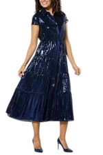 G by Giuliana Women's Black Label Sequin Tiered Maxi Dress Navy