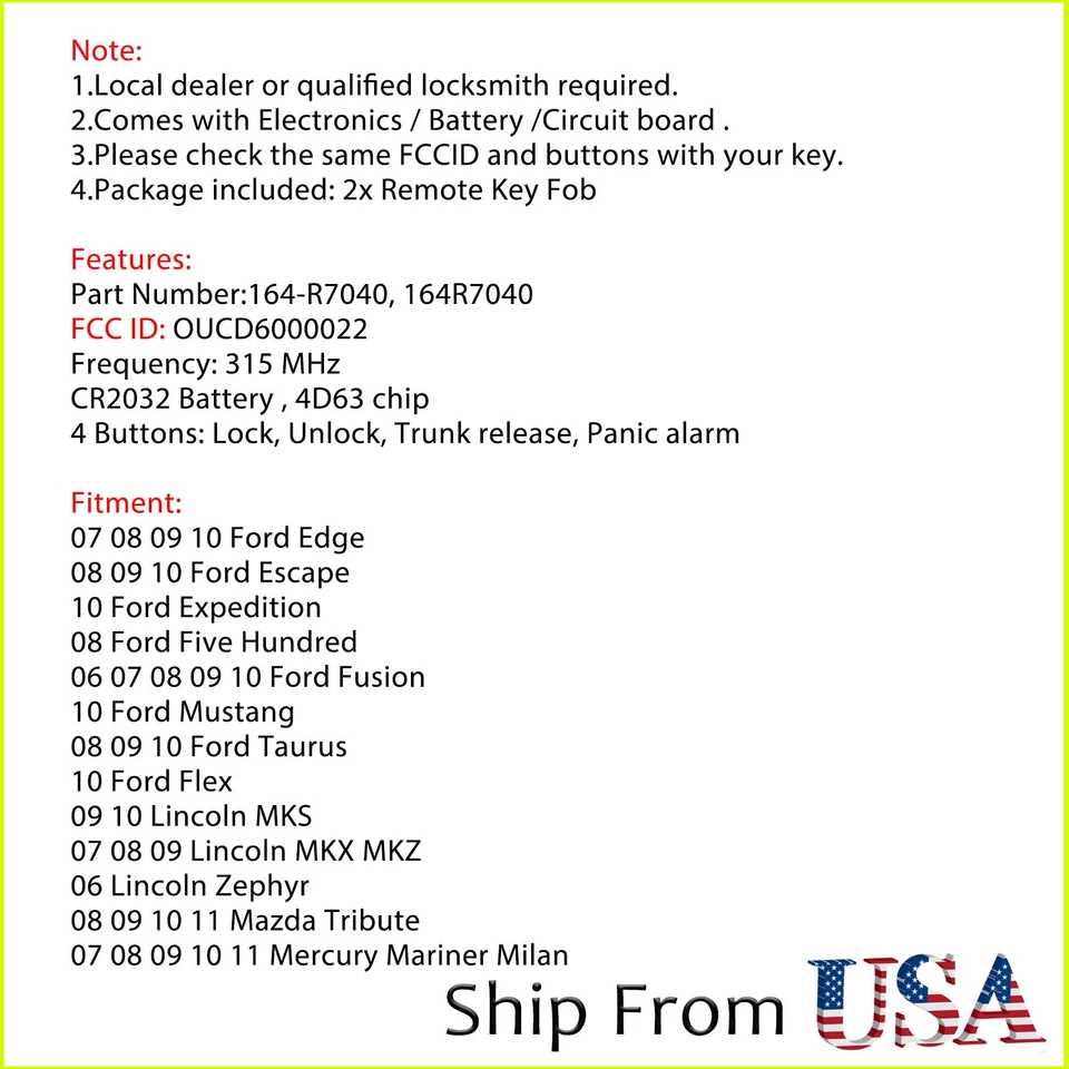 2 Fo 2007 2008 2009 2010 Lincoln MKZ MKX MKS mando a distancia de 4 botones OUCD6000022 Foto 2 de 4