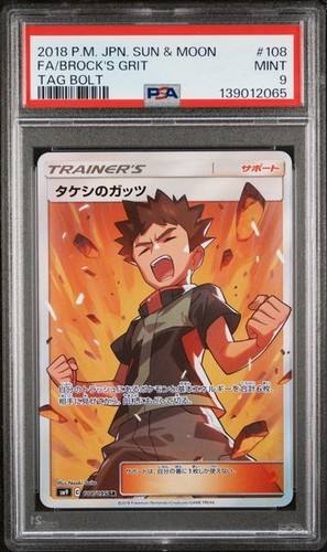PSA 9 BROCK'S GRIT 108 TAG BOLT JAPANESE SUN & MOON TRAINER POKEMON MINT