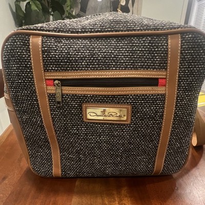 Oscar de la Renta Tweed Shoulder Bag Black White Brown Logo Plaque Zip Closure