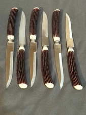 Vintage John Hull Cutlers Steak Knife Set Lot of 6 Faux Antler Wood Look 8"