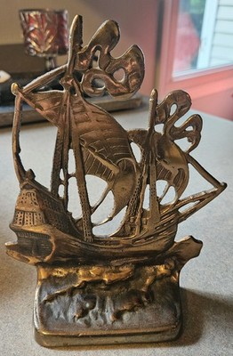 Single Vintage Solid Bronze Bookend Sailing Ship Gluntz Brass Fdy Cleveland  