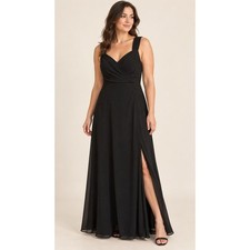Azazie Bridesmaid Dress A10 Black Chiffon V Neck Pleated Open Back Slit Maxi