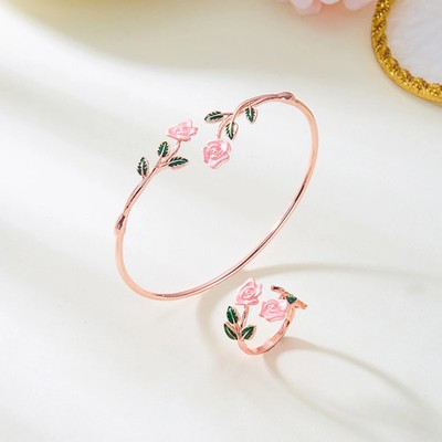 Rose Flower Bracelet Ring Set Women Vintage Red Drip Oil Open Adjustable Jewelry