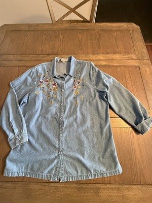 Passion-1 Embroidered Floral Denim Jacket XLarge Women s button down 3/4 sleeve 