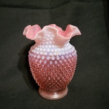 Fenton Cranberry Opalescent Hobnail Vase Double Crimped Ruffled Rim 6 Unmarked