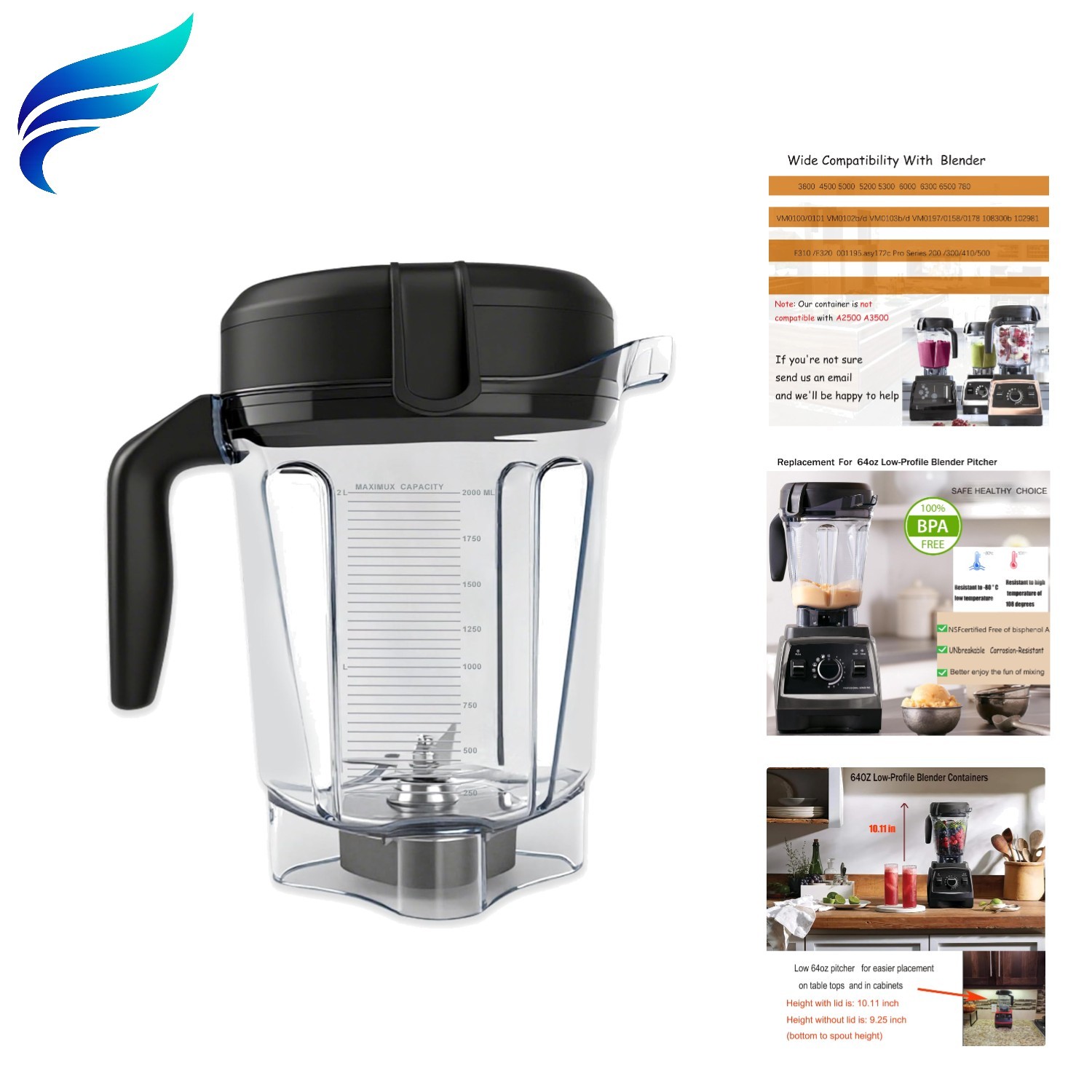 Blender Pitcher 64oz Low-Profile, Compatible with 780 75-0 7