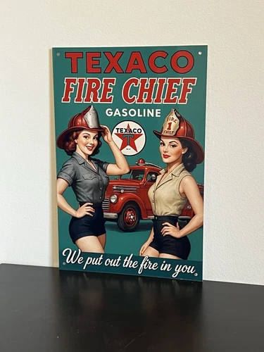Hi Gloss! Texaco Fire Chief Pinup Gasoline Pinup Girl Vintage Style Metal Sign