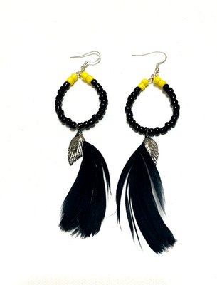 Native American Black & Yellow Feather Beaded Hoop Dangle Earrings 
