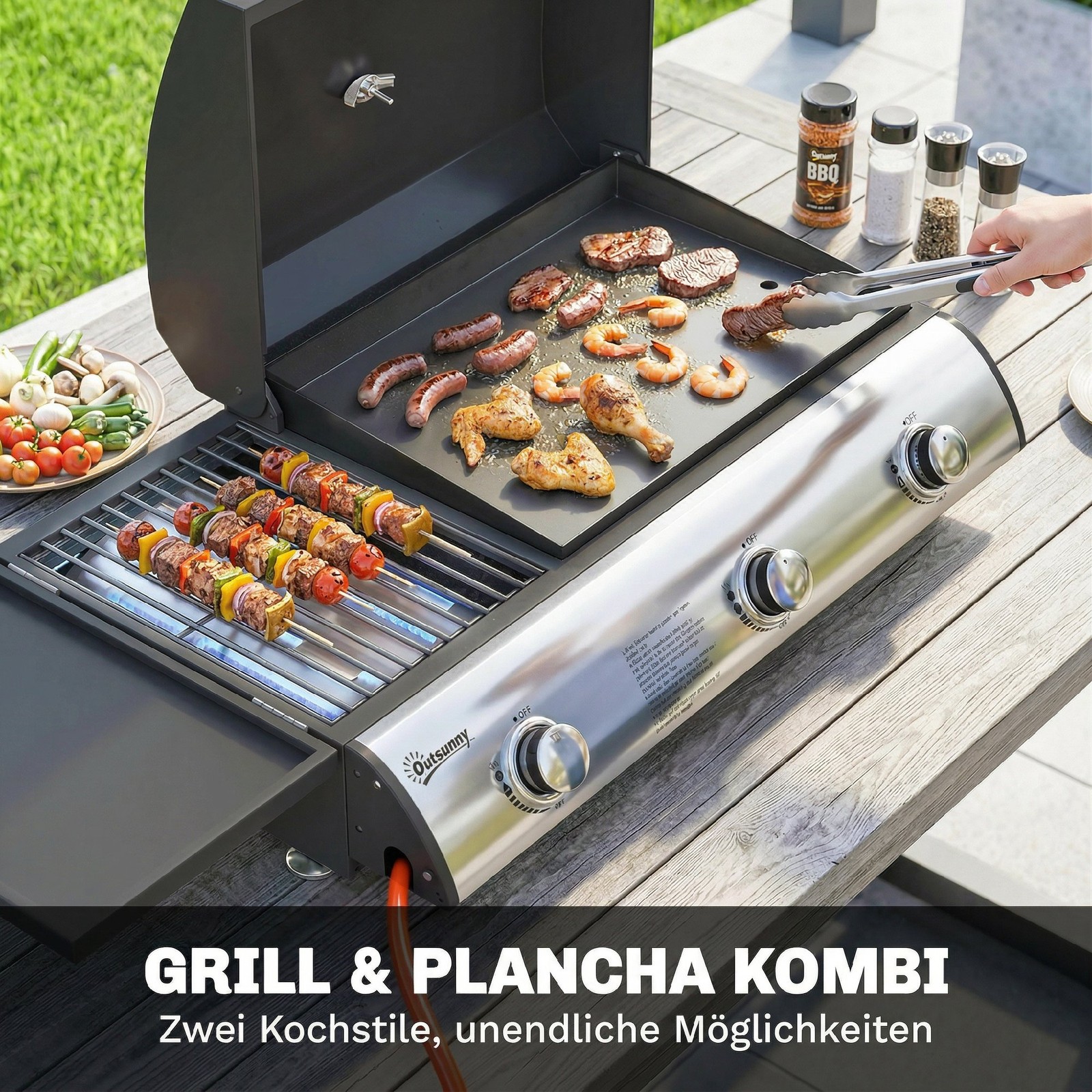 Gasgrill 7,5 KW Tragbarer Tischgrill mit 3 Brenner Seitentisch Bratenplatte