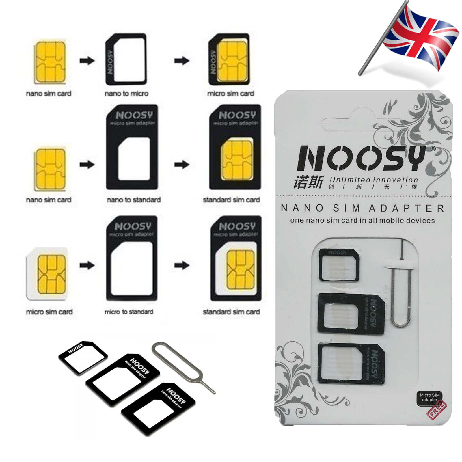 3 en un adaptateur Nano SIM 4 en 1 nano-to micro ; nano to SIM standard et  micro to SIM standard + gravure pour extraire la carte SIM offerte. :  : High-Tech