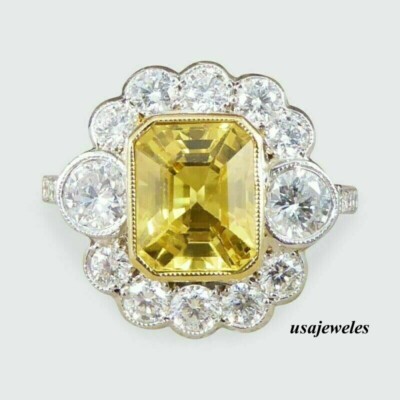 14K Two-Tone Gold Over Real Citrine 3CT Emerald Cut Flower Style Jewelry Ring