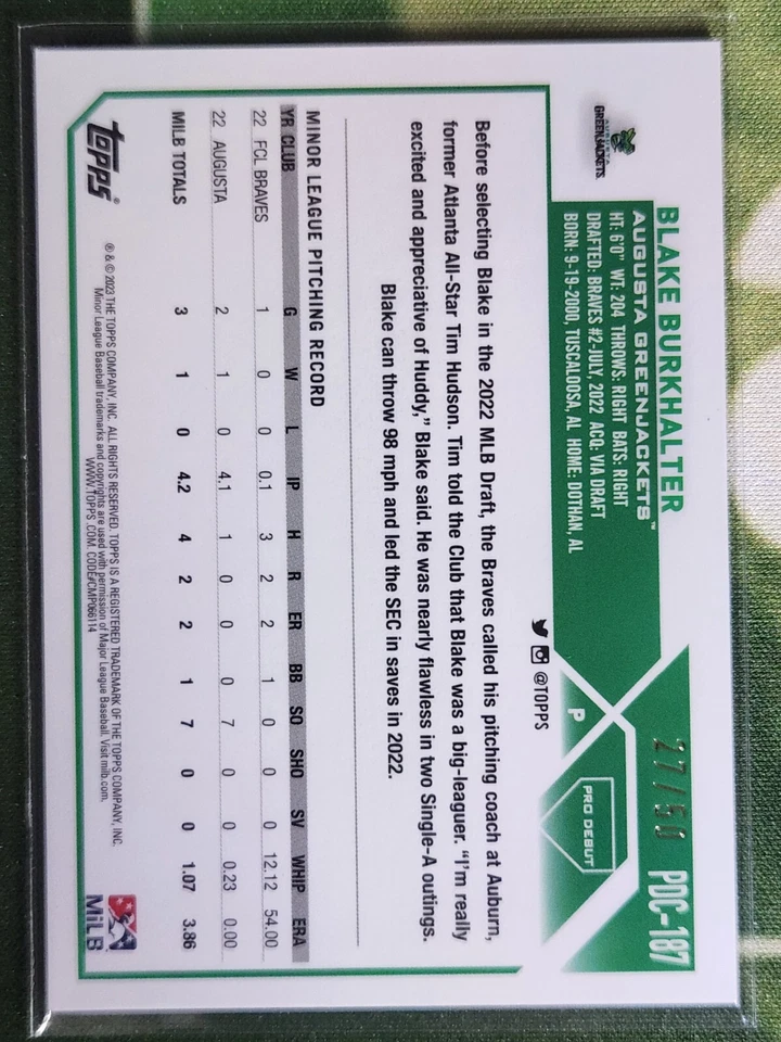 2023 Pro Debut Chrome #PDC-187 Blake Burkhalter GOLD REFRACTOR /50 - Image 2 of 2