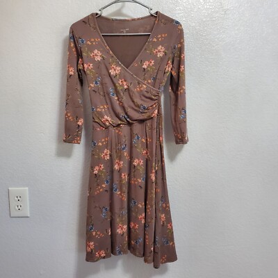 Garnet Hill Dress Womens XS Brown Floral Brianna Surplice Knit