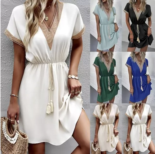 Damen V-Ausschnitt Spitzenkleid Sommer Kurzarm Strand Minikleid # < - Bild 1 von 30