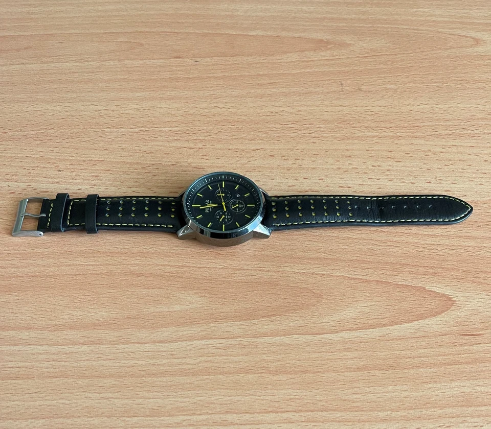 Pulsar mens chronograph watch black face, yellow number symbols, leather band - image 3 of 4