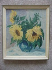 Ölbild Blumenbild  Sonnenblumen in Vase  signiert   24,5 x 28,5