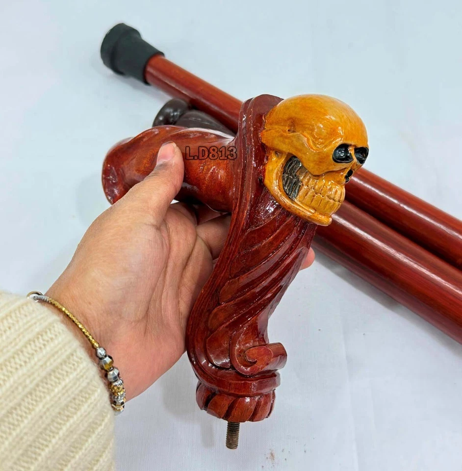 Bastón de madera cara calavera color amarillo náutico bastón tallado a mano hecho a mano Foto 2 de 4