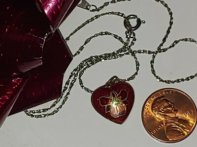 Pretty Decoratively Painted or  Enamel Heart Necklace Nice Design 19 Inches