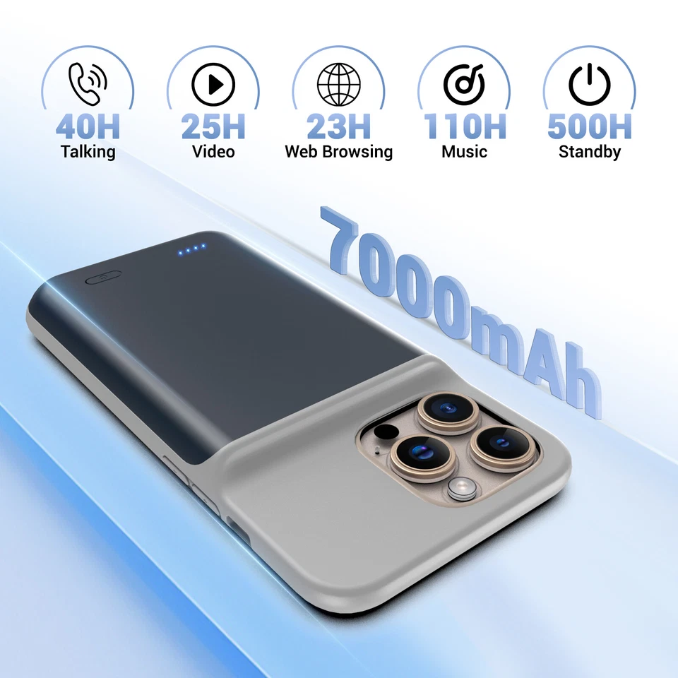 7000mAh For iPhone 16Pro Max External Battery Charger Case Power Bank-Blue - Image 3 of 4