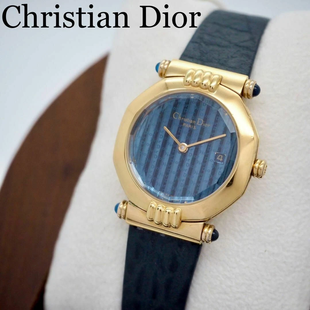 Montre femme Christian Dior dorée bleu marine octogonale quartz élégante 202501R