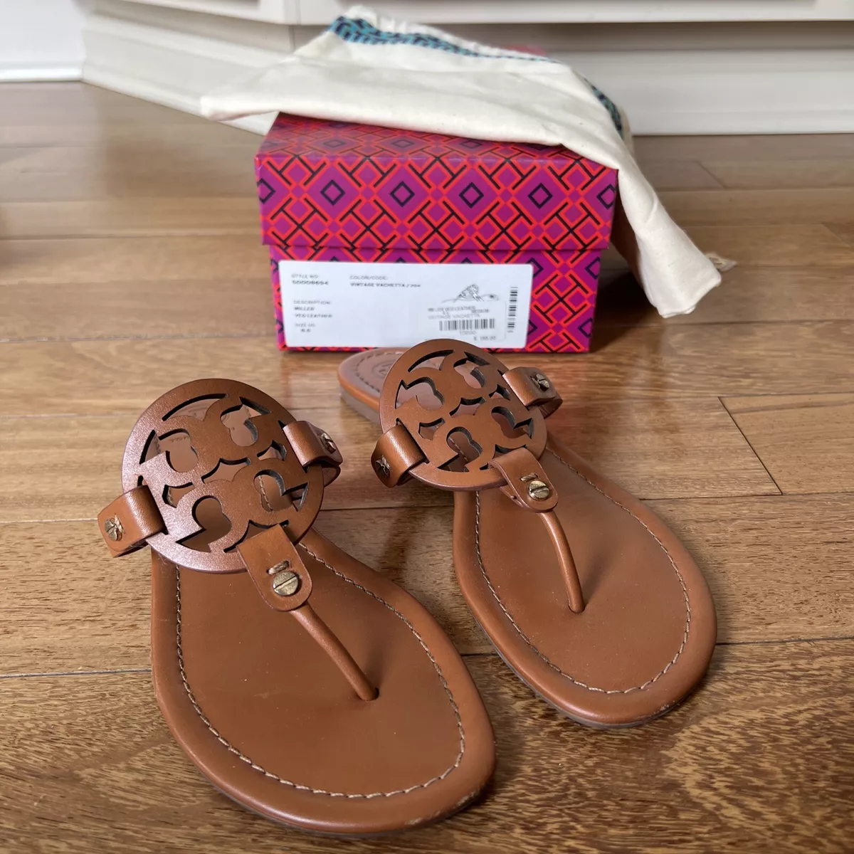 Tory Burch Miller Thong Sandal Vintage Vachetta Leather Size 8.5 M EUC