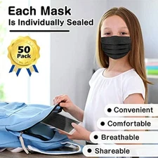 10-200 Black Disposable Face Mask Kids Children 3 Ply C.E Approval FFP2 School