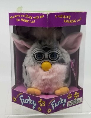 Electronic Furby 1998 model 70-800 Blue Eyes Grey Black Spot Pink Ears Chest 