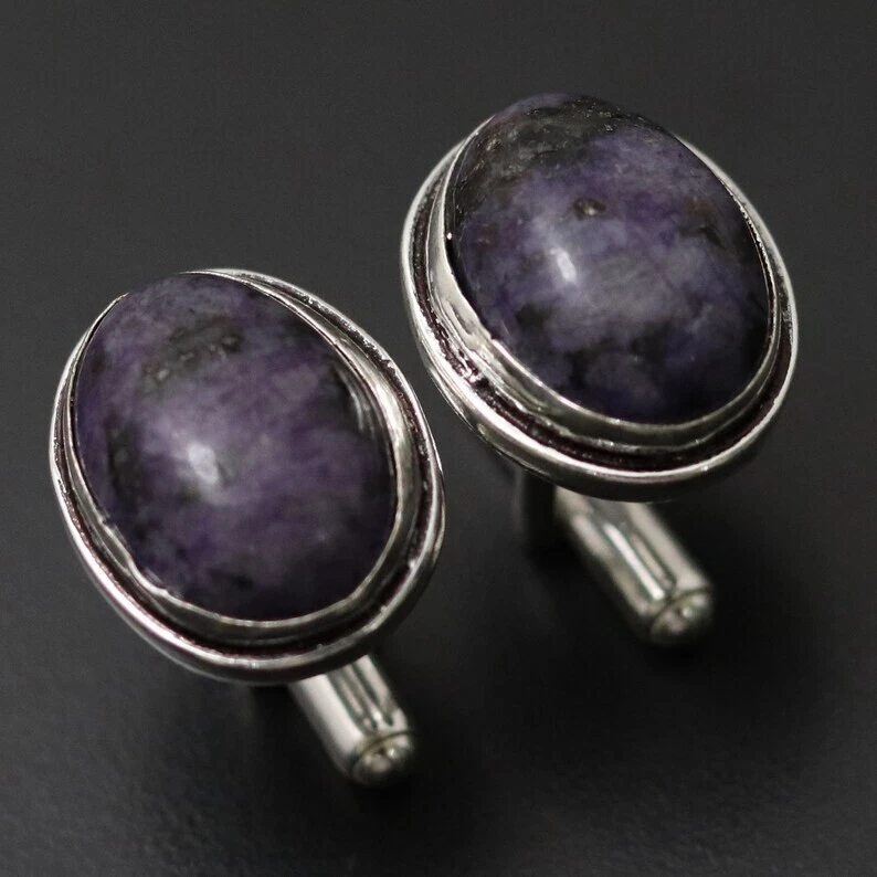 Gemelos de plata de ley 925 de cristal Charoite regalo para hombre Foto 3 de 4