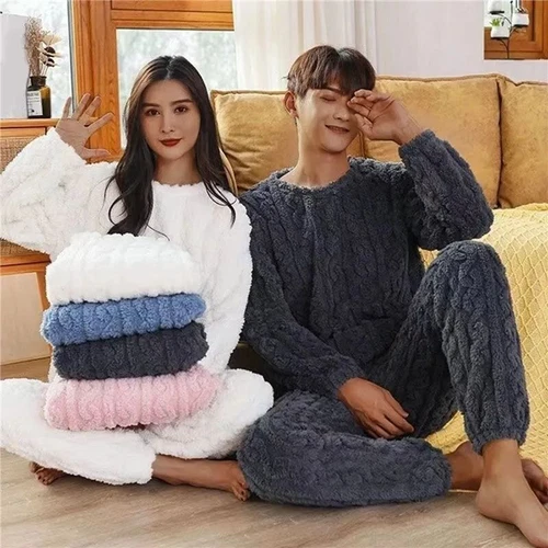 Conjunto de pijamas de lana para mujer invierno mullido cálido traje de casa ropa de dormir ropa de dormir PJS - Imagen 3 de 18