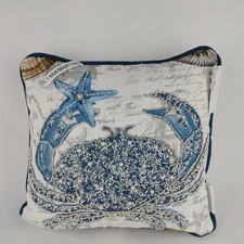 Coastal Collection Nautical Beach Beaded Crab Starfish Pillow 12x12 Blue