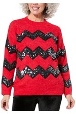 Jaclyn Smith Women's Sequin Chevron Striped Sweater Racing Red/Black