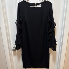 Calvin Klein “Little Black Dress” Sz 12 Zipper Tiered Ruffle Sl Sheath Elegant